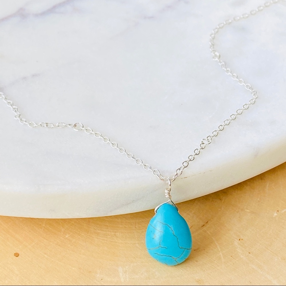 Pear Shape Turquoise Gemstone Sterling Silver Pendant Necklace